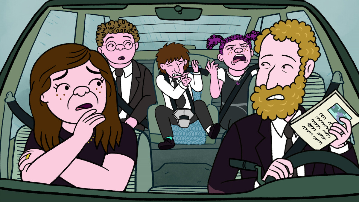 Lisa Edelstein as Naomi Schwartz, Ben Feldman as Avi Schwooper, Max Greenfield as Yoshi Schwooper, Abbi Jacobson as Shira Schwooper and Paul Reiser as Elliot Cooper in 'Long Story Short'