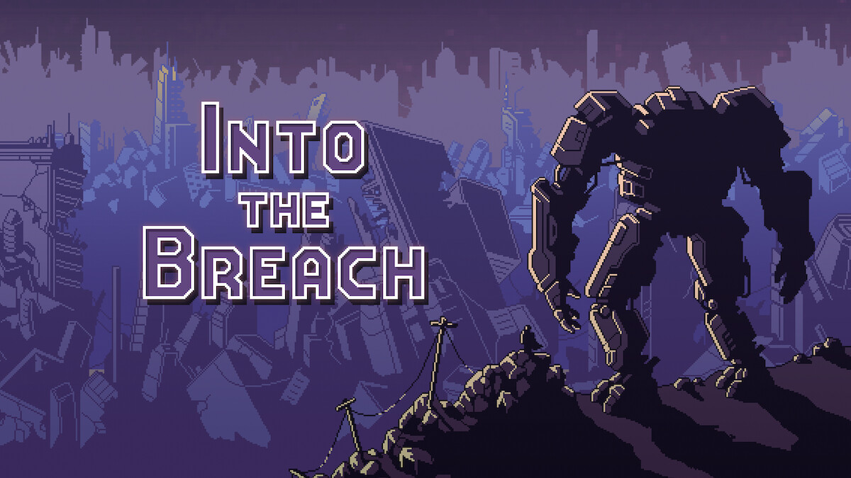 Into the Breach key art - a robot looking over a devastated futiristic looking city.
