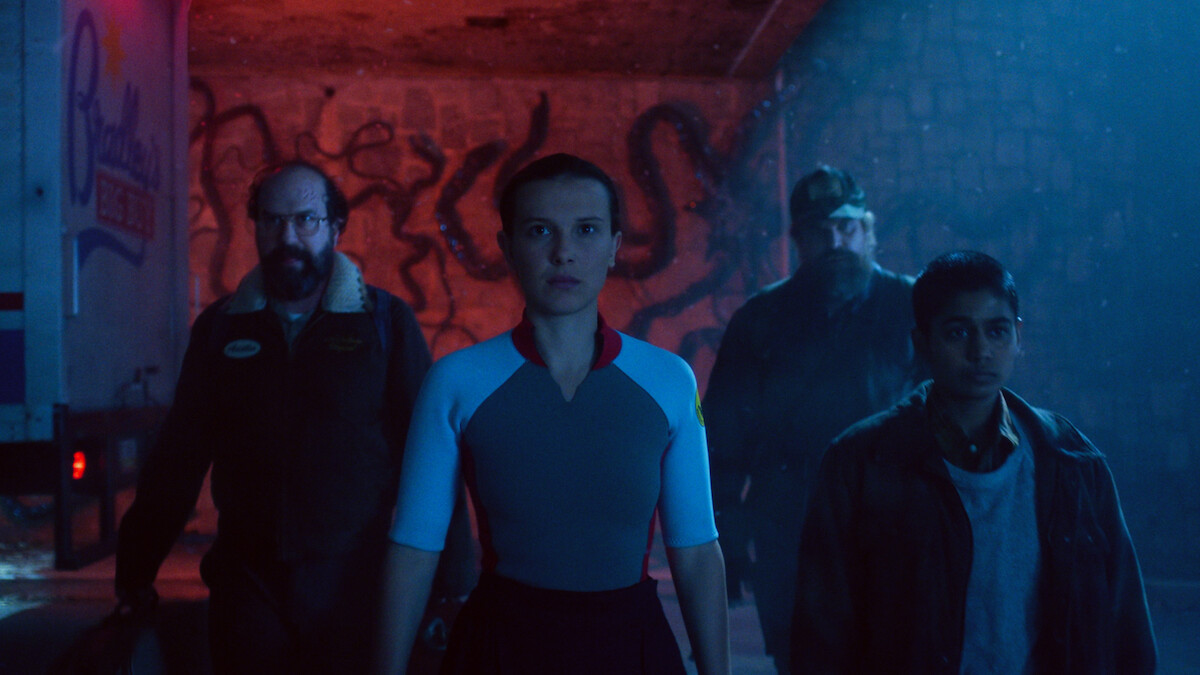 Millie Bobby Brown as Eleven, David Harbour as Hopper, and Linnea Berthelsen as Kali in 'Stranger Things 5'