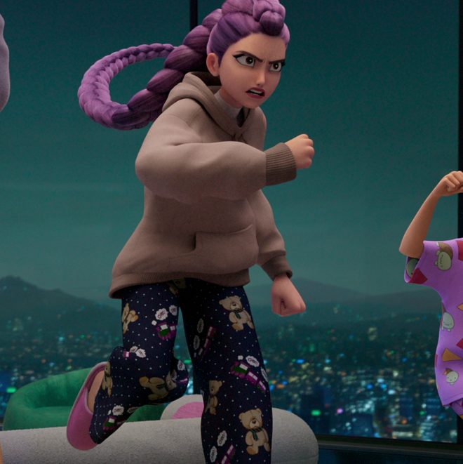 Rumi wearing pajama pants with trains and teddy bears in ‘Kpop Demon Hunters.’