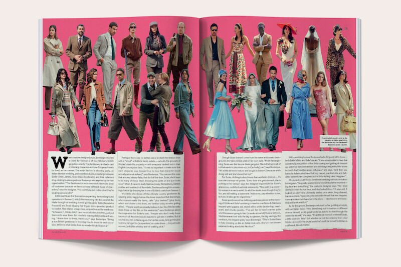 Magazine spread with a collage of stylishly dressed people standing on a bright pink background above columns of text, suggesting a fashion or cultural editorial in a modern setting.
