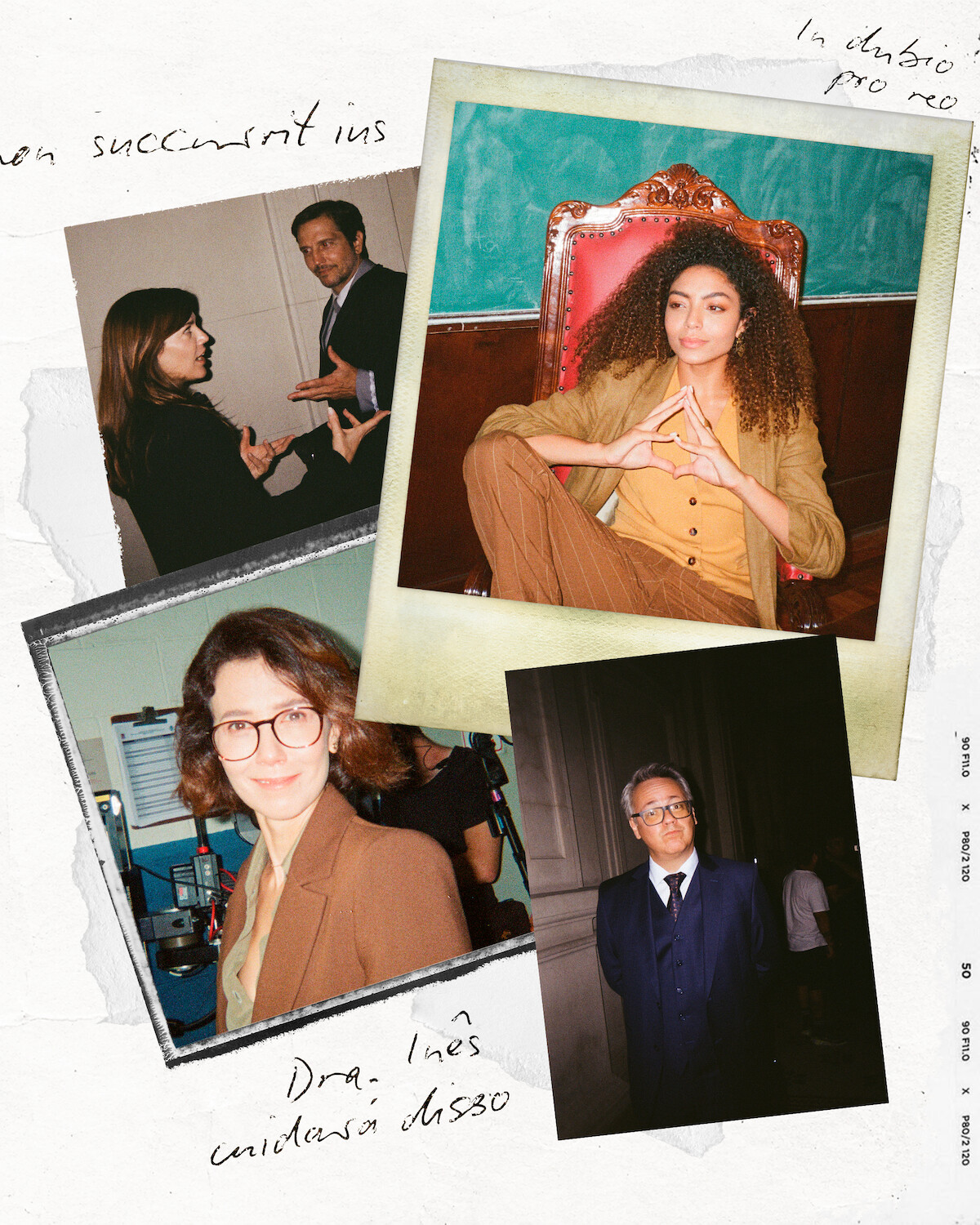 Colagem de fotos mostra atores da série ‘Habeas Corpus’ sobre um background de papel