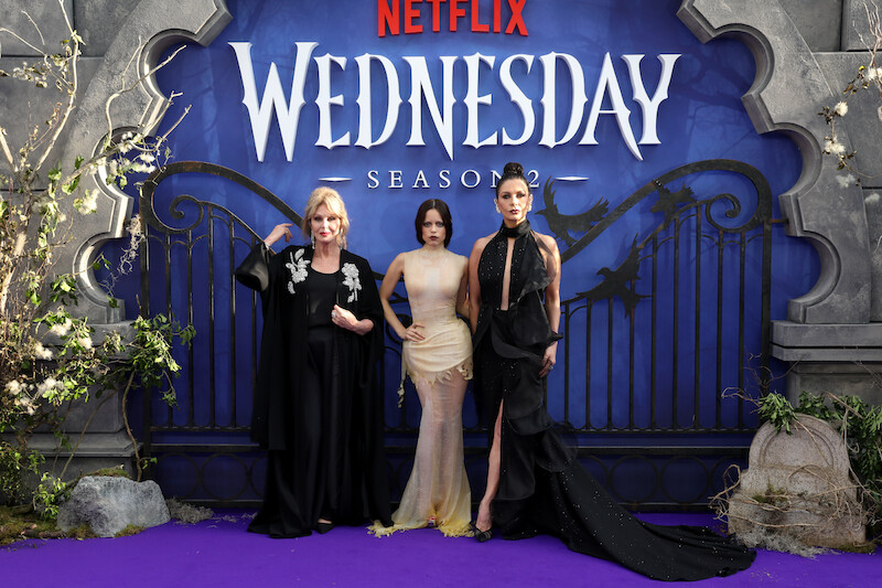 Joanna Lumley, Jenna Ortega and Catherine Zeta-Jones attend the global premiere of 'Wednesday' Season 2, Part 1.