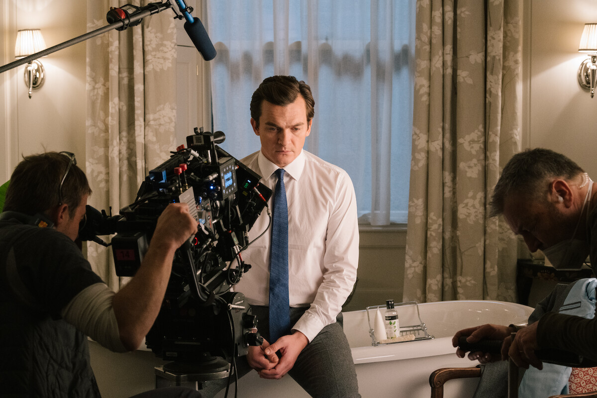 Rupert Friend filming a scene for Anatomy of a Scandal.