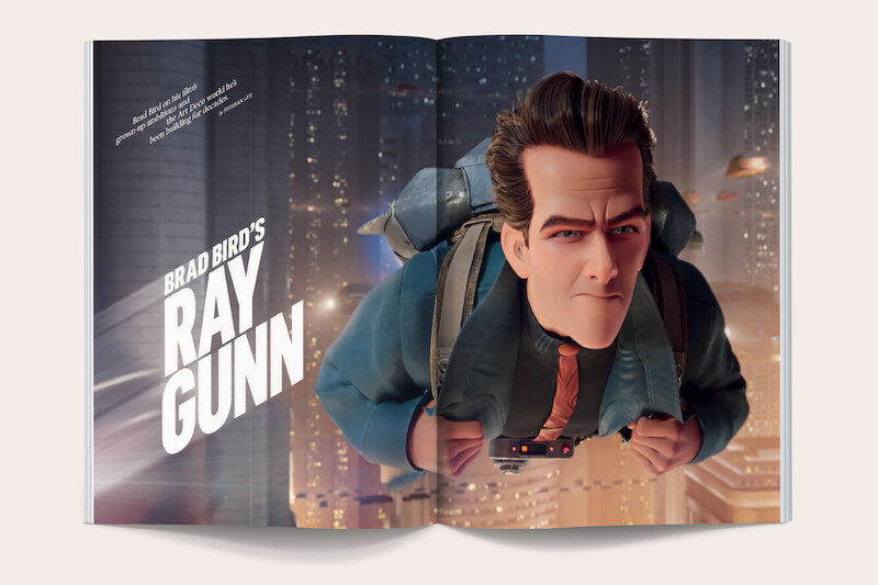 Animated character flying with a jetpack above a futuristic city at night, featured in a magazine spread for Brad Bird's Ray Gunn, with skyscrapers and city lights in the background.