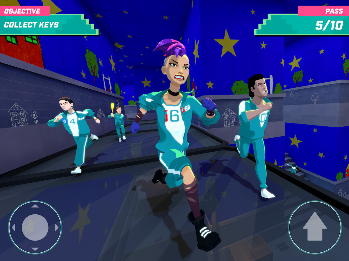 An in-game screenshot from ‘Squid Game: Unleashed,’ featuring game characters competing against each other in the challenge Red Light, Green Light