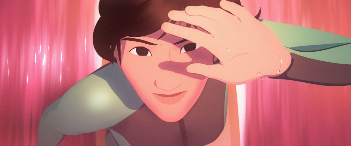 Personagem de animação nada para a frente com a mão protegendo o rosto, cercada por luzes vermelhas e rosa, criando um ambiente submarino ou etéreo. Ela tem cabelo escuro e usa uma roupa justa, com uma expressão determinada no rosto.