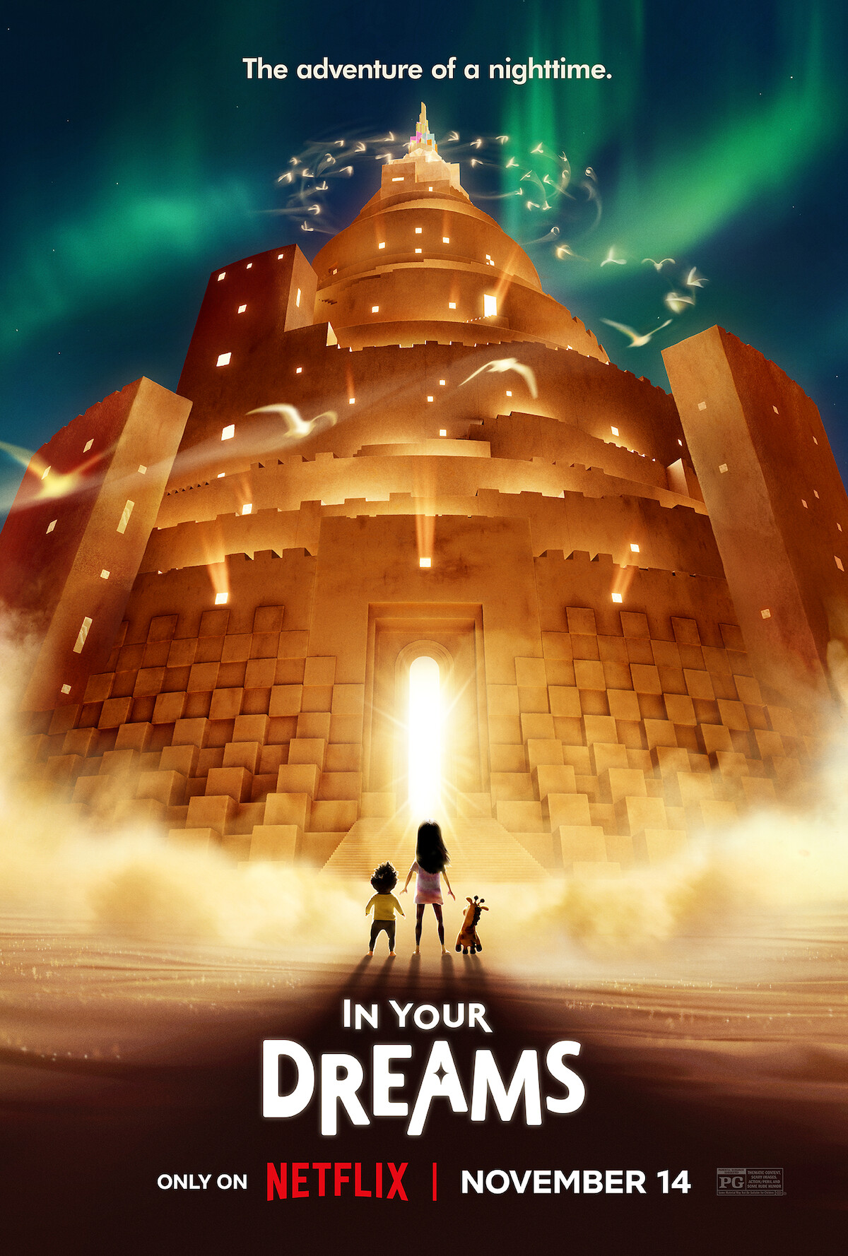 Key art for ‘In Your Dreams’ featuring two children looking up at a large gold castle.