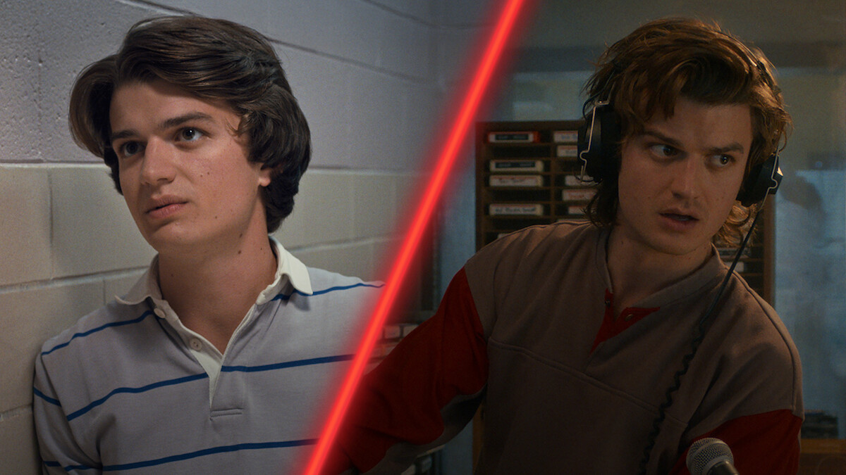 Diptych of Joe Keery as Steve Harrington in ‘Stranger Things’ Season 1 and Season 5.