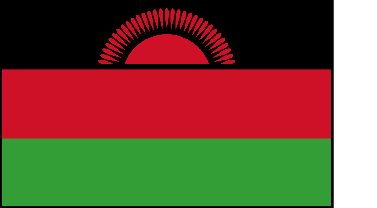 Flag with horizontal black, red, and green stripes and a red rising sun with rays centered on the black stripe at the top. This is the national flag of Malawi.