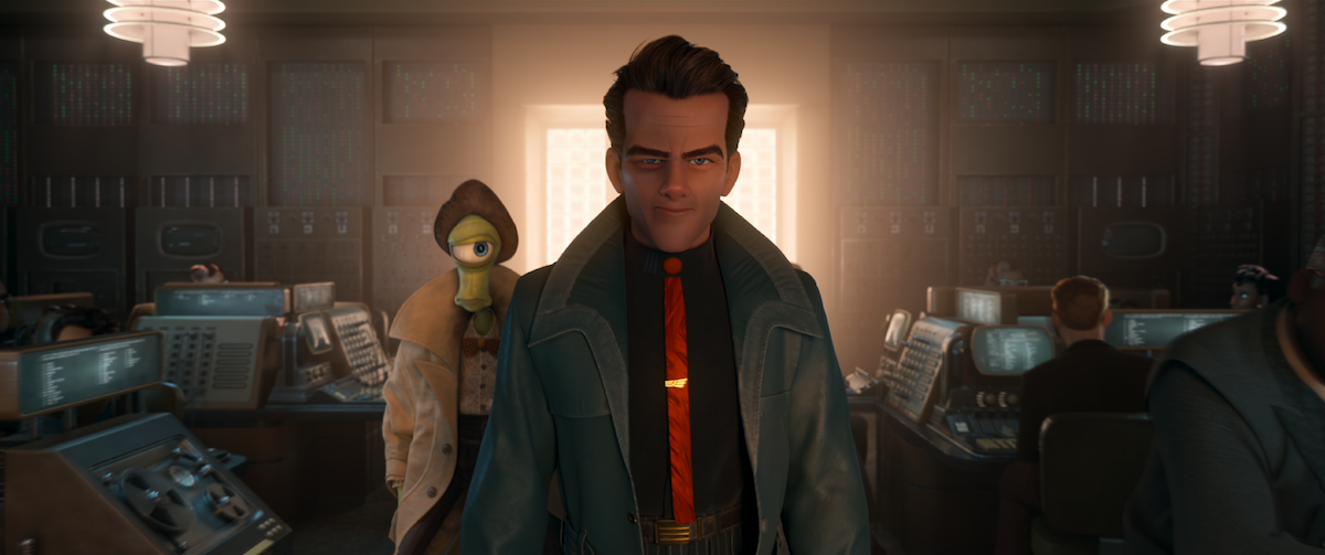 Ray Gunn (voiced by Sam Rockwell) stares intensely at the camera with a black eye in a dramatically lit office with his detective partner Eyera, a cyclopean alien voiced by Tom Waits.