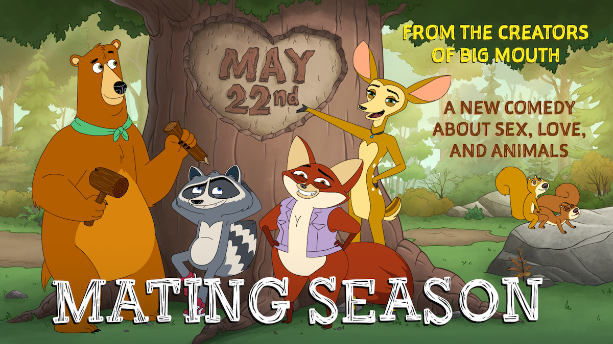Four animated animals—a bear, raccoon, fox, and kangaroo—stand in a forest with “Mating Season” text, a carved tree heart showing "May 22nd," and promotional info for a comedy show about sex, love, and animals.