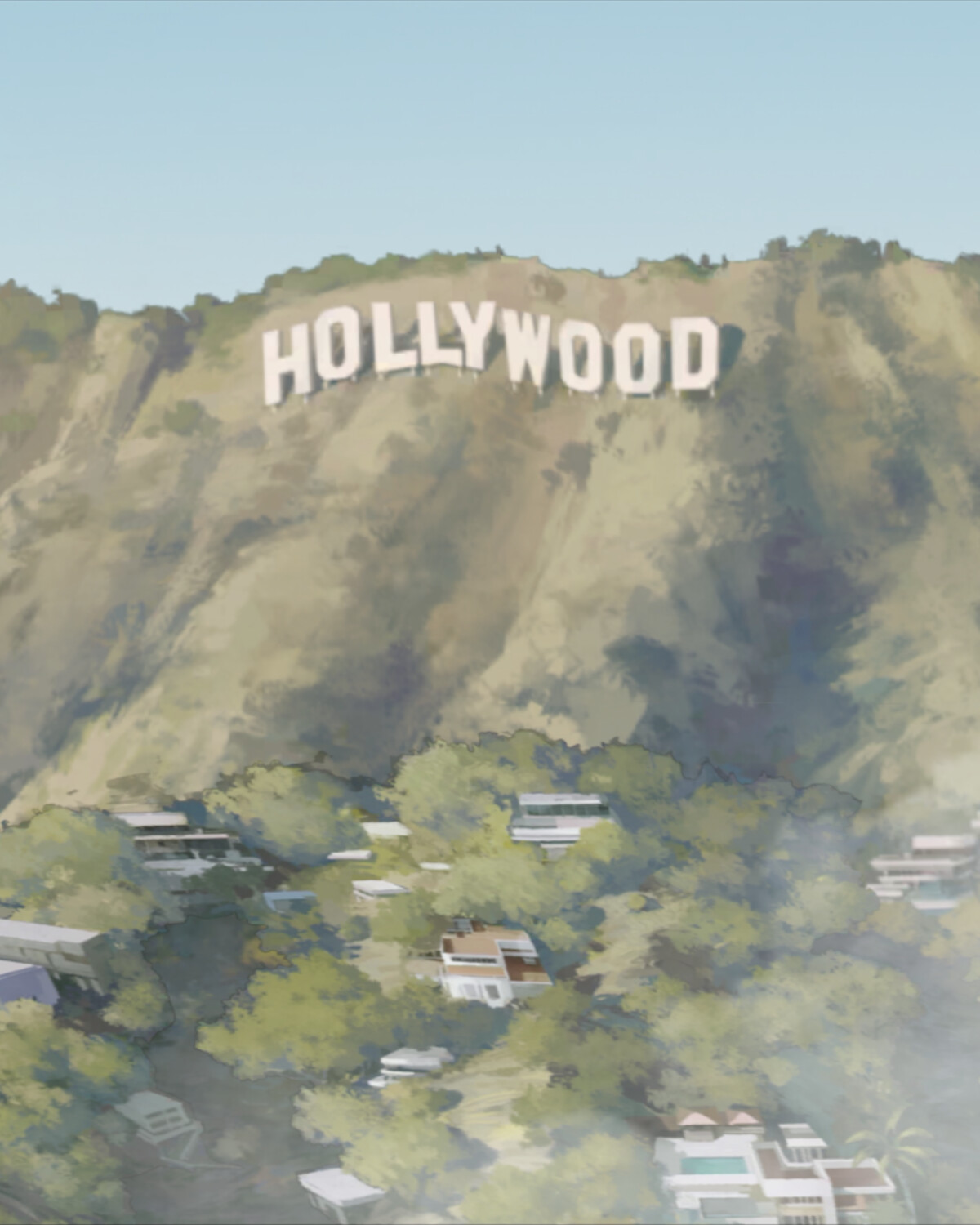 Game art for the mobile game ‘Netflix Stories: Selling Sunset’, featuring the Hollywood sign and Hollywood Hills.