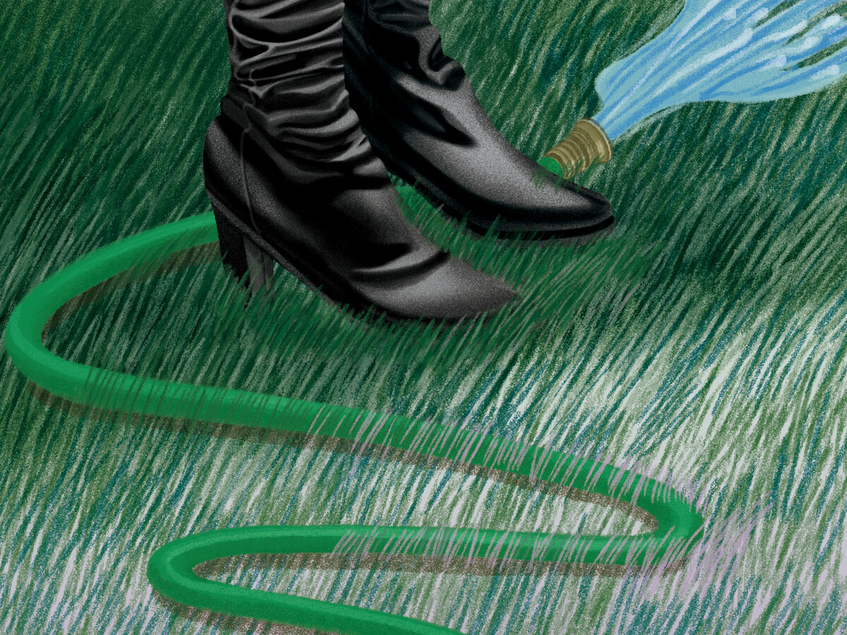 An illustration of the narrator wearing black leather boots standing in grass with a water hose spewing out of frame.