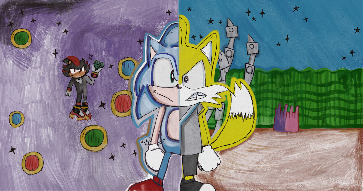 Desenho infantil retrata os personagens Sonic e Tales
