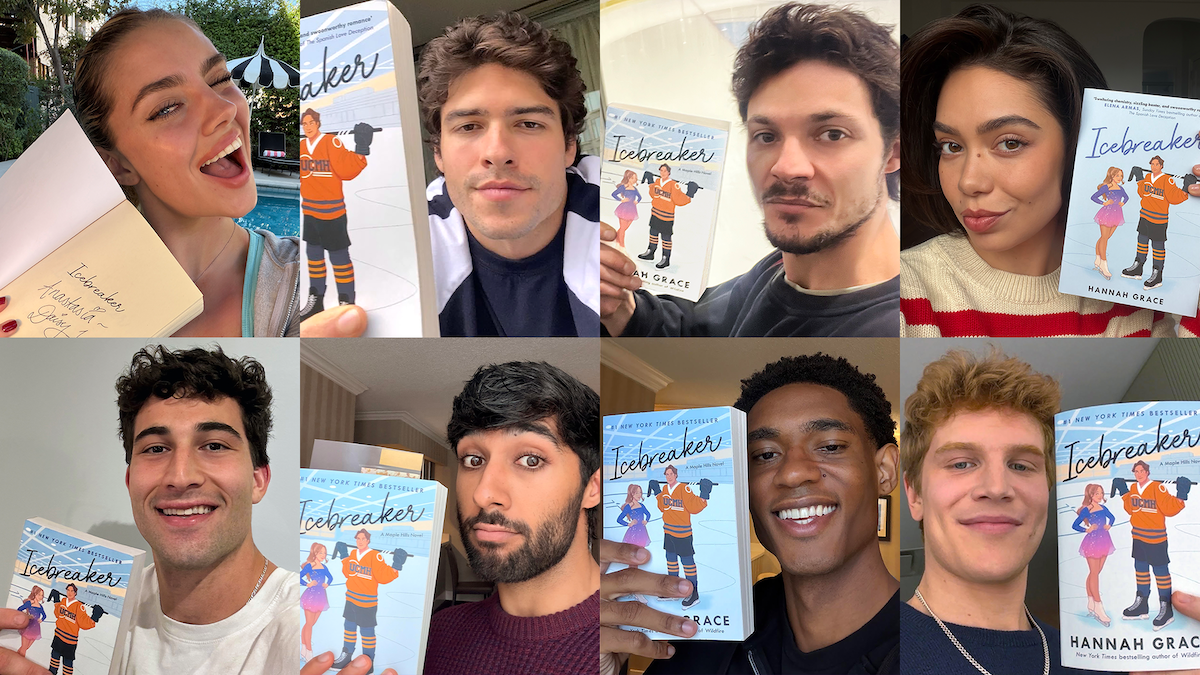 Uma montagem de oito pessoas segurando ou posando com a versão em inglês do livro “Quebrando o gelo” de Hannah Grace, cada uma em um ambiente diferente, sorrindo ou posando para a câmera, com diferentes planos de fundos e ambientes casuais.