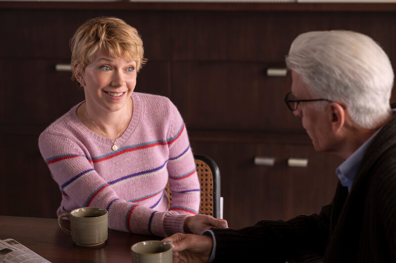 Mary Elizabeth Ellis as Emily and Ted Danson as Charles drink coffee together in Season 1 of 'A Man on the Inside'