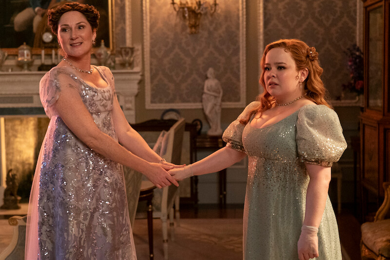 Ruth Gemmell as Lady Violet Bridgerton and Nicola Coughlan as Penelope Featherington in Season 3 of 'Bridgerton'