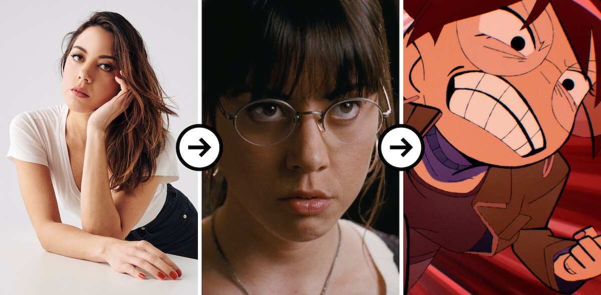 Triptych of images showing a headshot of Aubrey Plaza, Aubrey Plaza as Julie Powers in ‘Scott Pilgrim vs. The World,’ Aubrey Plaza as Julie Powers in ‘Scott Pilgrim Takes Off’