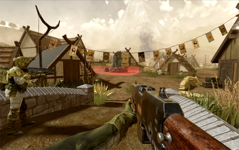 Gameplay image of a first-person shooter from a 'Rebel Moon' scene. 