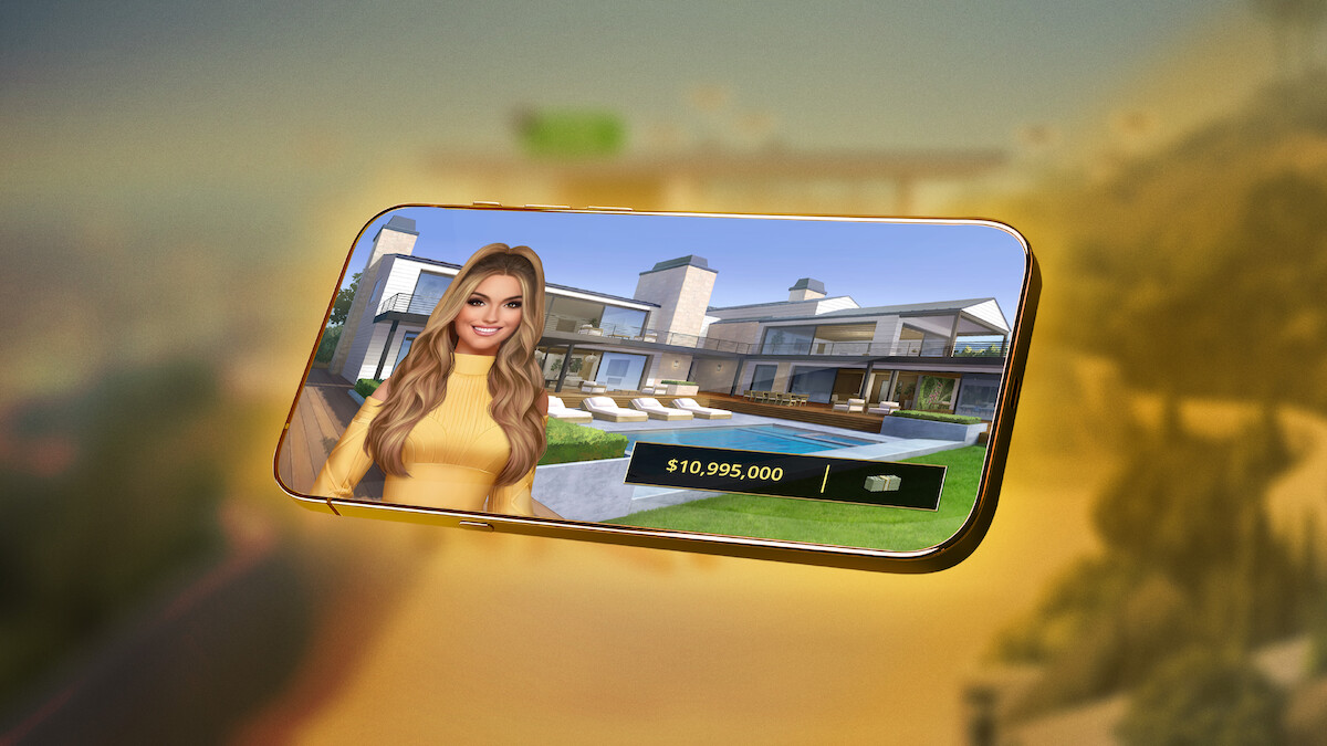 Story art for the mobile game ‘Netflix Stories: Selling Sunset,’ featuring an in-game screenshot embedded within an iPhone screen