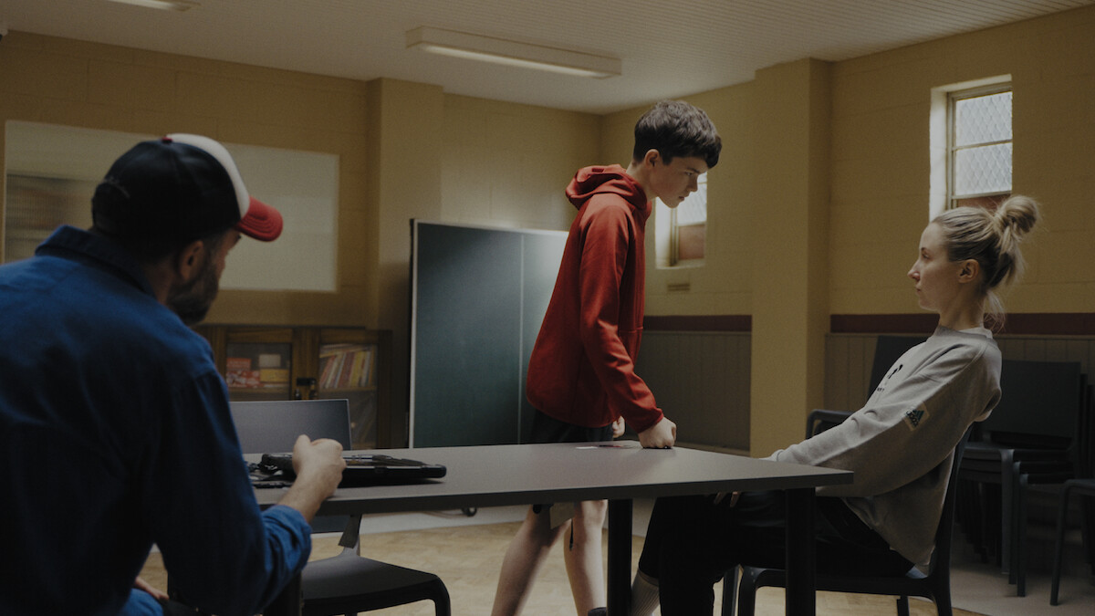 Owen Cooper and Erin Doherty on the set of Adolescence
