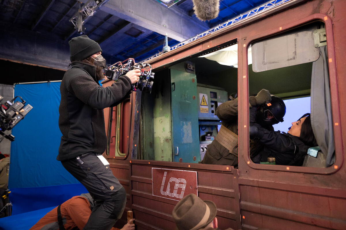 Director Sam Hargrave and Golshifteh Farahani as Nik Khan on the set of ‘Extraction 2.’