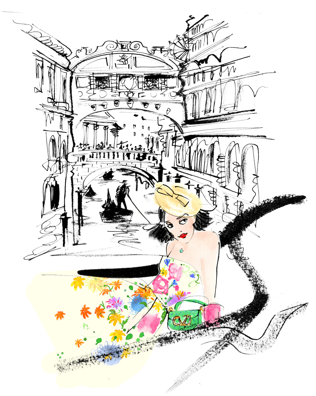 Emily Cooper taking a ride on a Venetian gondola wearing a Mary Katrantzou floral dress.