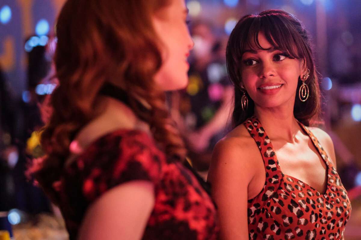 Vanessa Morgan as Toni Topaz wears a cheetah print dress in Season 7 of ‘Riverdale.’