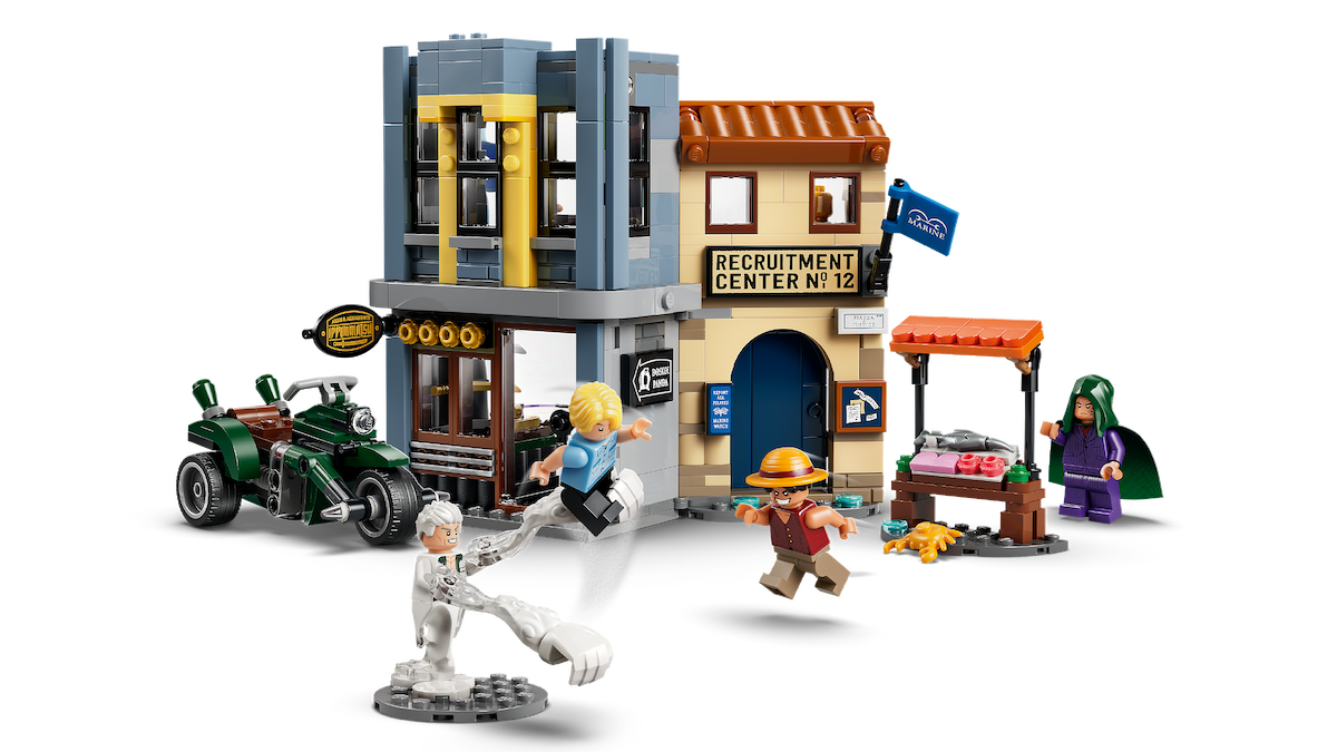 LEGO ONE PIECE city scene with detailed buildings, minifigures in action, a recruitment center, street vendor stall, motorcycle, and various accessories.