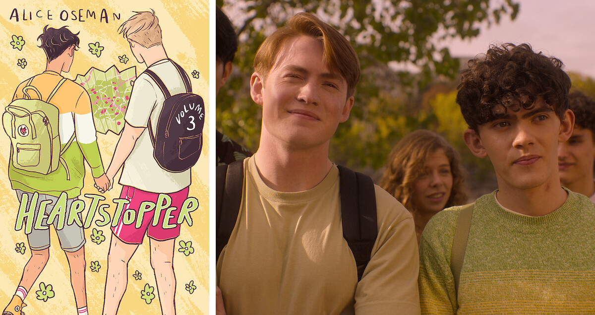Image of the Volume 3 cover of the graphic novel ‘Heartstopper’ beside a photograph of Kit Connor as Nick and Joe Locke as Charlie in Season 2 of ‘Heartstopper.’