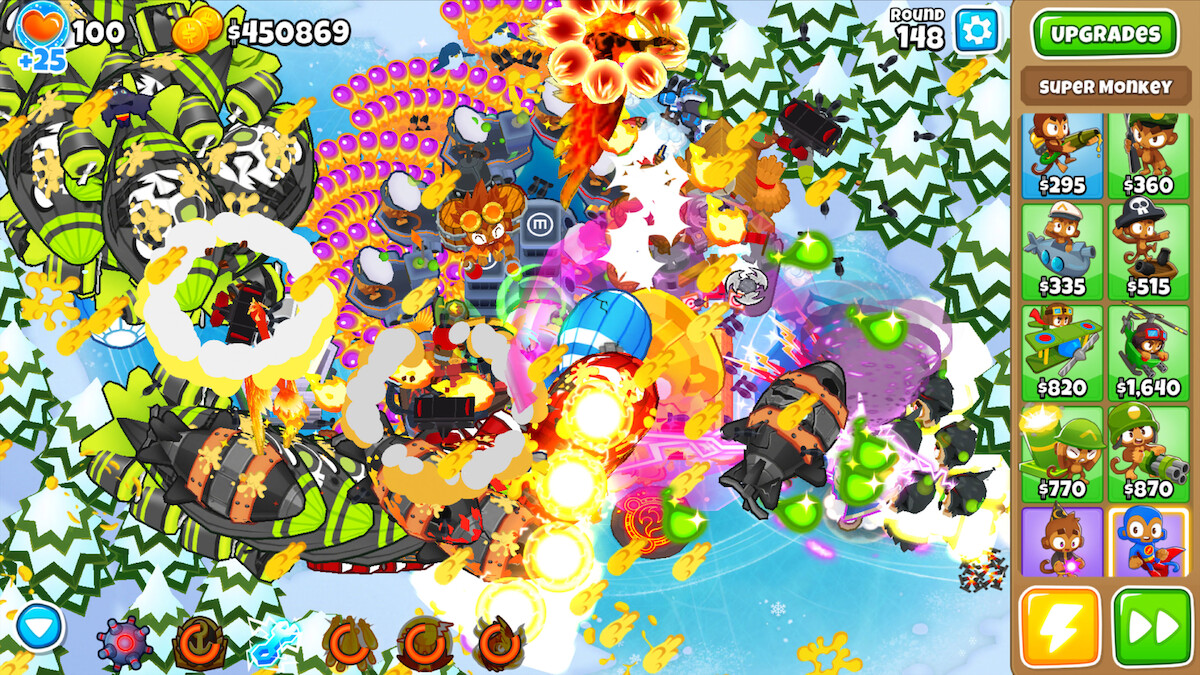 In-game screenshot from the mobile game ‘Bloons TD 6,’ featuring exploding items and chaotic gameplay.