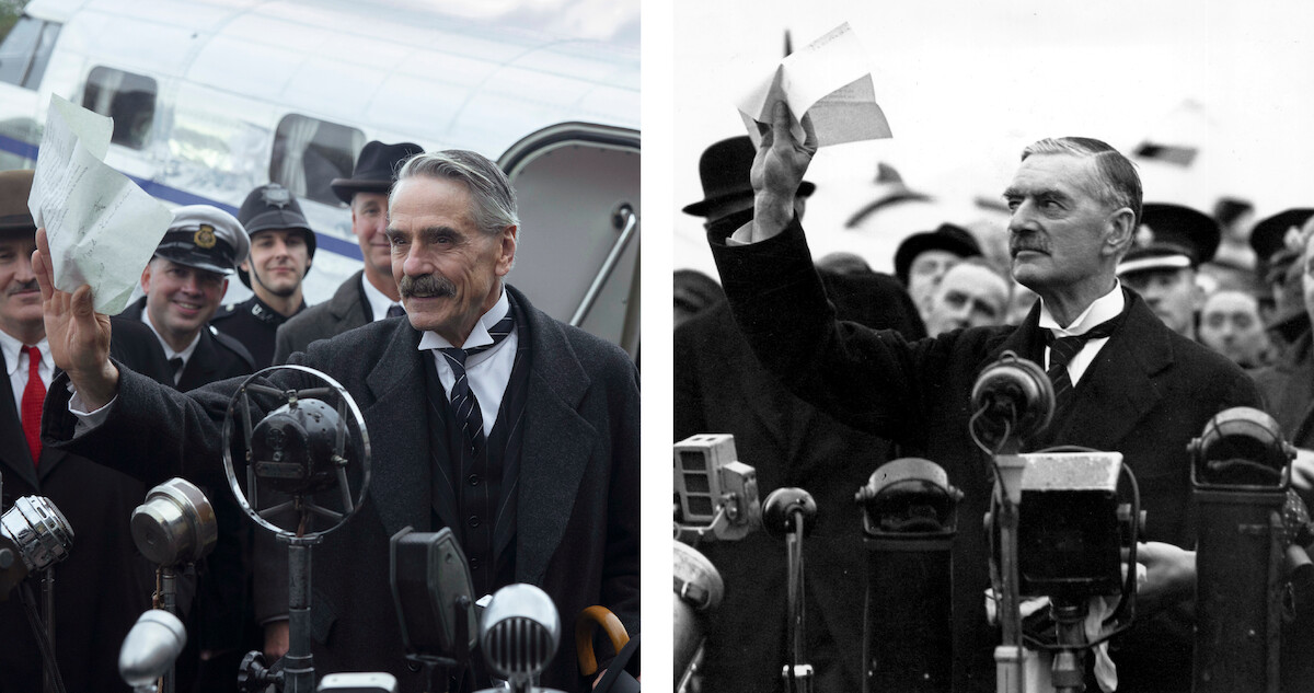 An image of Jeremy Irons playing Neville Chamberlain beside an actual black and white photograph of Neville Chamberlain