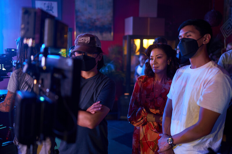 Michelle Yeoh as Mama Sun, Writer/Executive Producer Byron Wu in episode 106 of The Brothers Sun. 