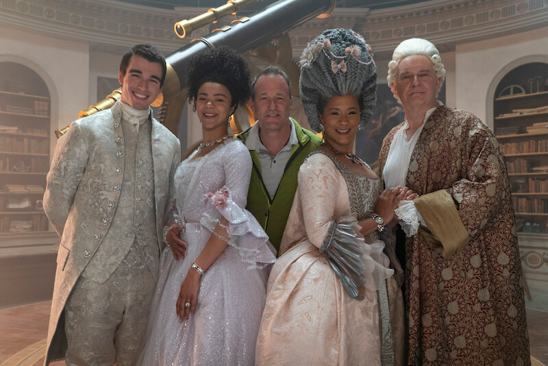 Corey Mylchreest as Young King George, India Amarteifio as Young Queen Charlotte, Executive Producer/Director Tom Verica, Golda Rosheuvel as Queen Charlotte, James Fleet as King George
