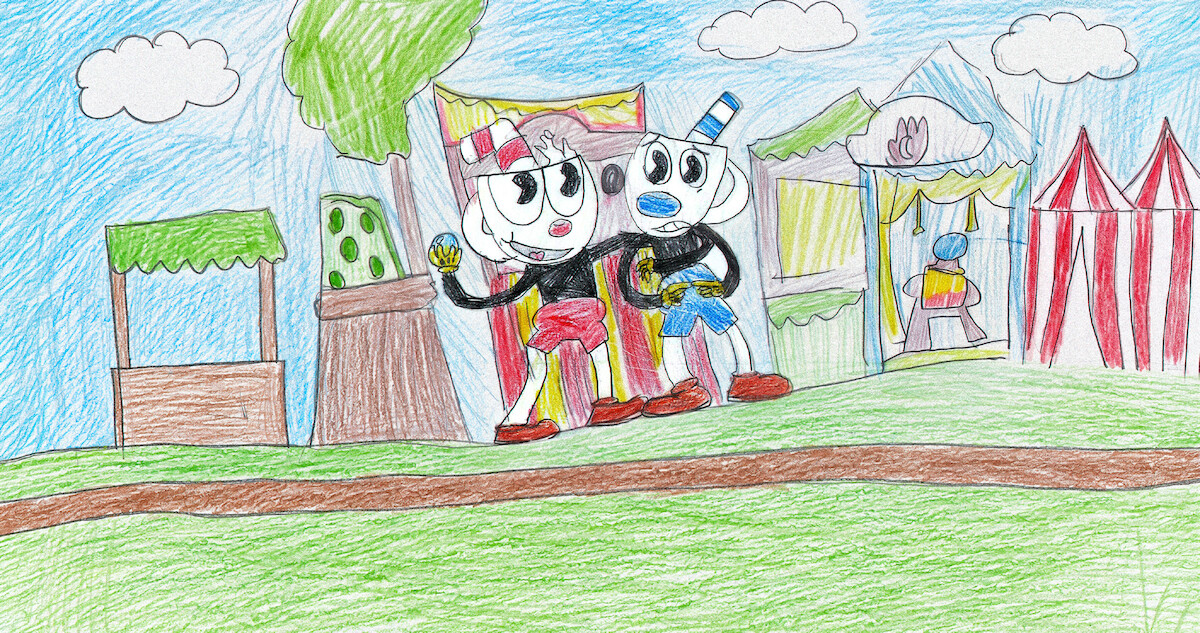 Desenho infantil retrata dois personagens abraçados em uma feira