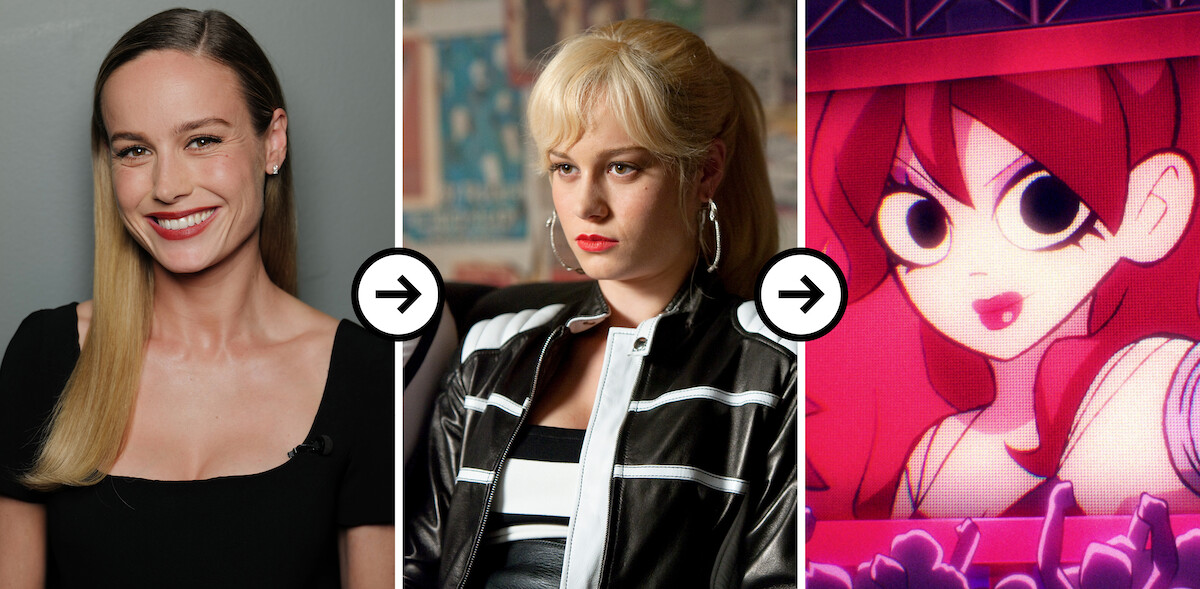 Triptych of images showing a headshot of Brie Larson, Brie Larson as Envy Adams in ‘Scott Pilgrim vs. The World,’ and Brie Larson as Envy Adams in ‘Scott Pilgrim Takes Off’