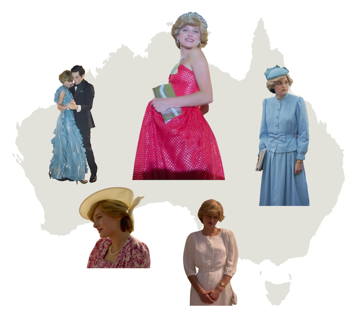 Collage of 5 outfits Diana wears overlayed on the shape of Australia