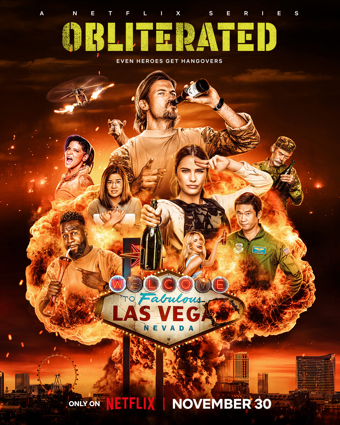 Key art for Season 1 of ‘Obliterated’ showing an explosion on the Las Vegas skyline with the cast appearing in the fire.