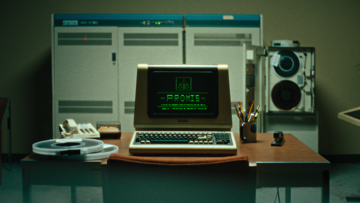 A computer with the word “PROMIS” displayed on it in ‘American Conspiracy: The Octopus Murders’