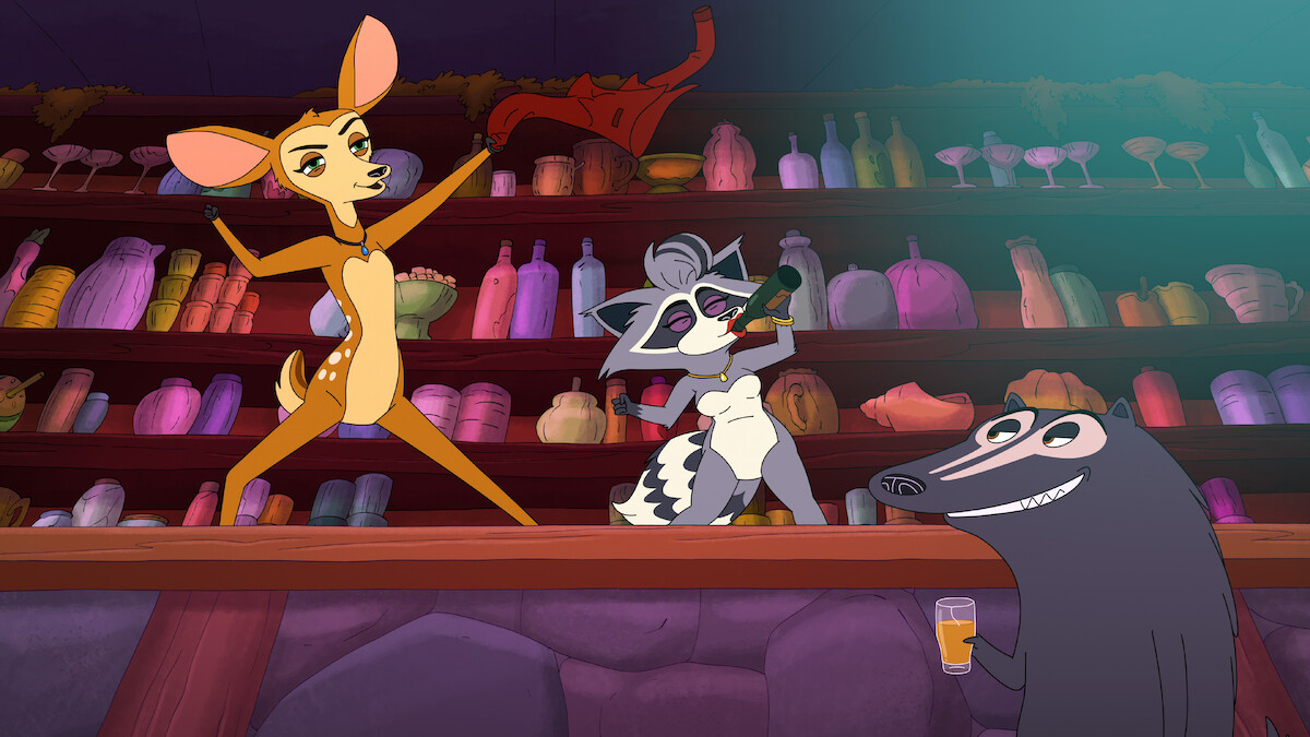 Animated deer, raccoon, and mole characters are on a bar counter; the deer poses with a red scarf, raccoon drinks from a bottle, and mole holds a glass. Colorful bottles line shelves in a lively bar setting.