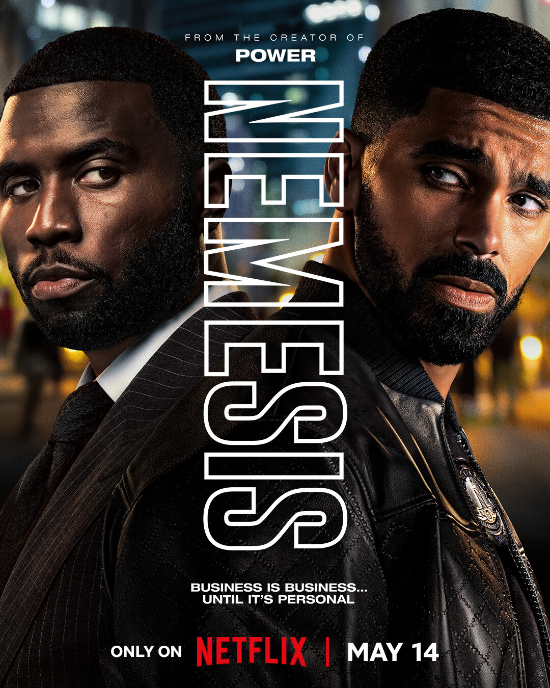 Two serious men stand back to back in a city at night with lights in the background; bold text "NEMESIS" divides them. Promotional Netflix poster with the tagline "Business is business… until it’s personal."
