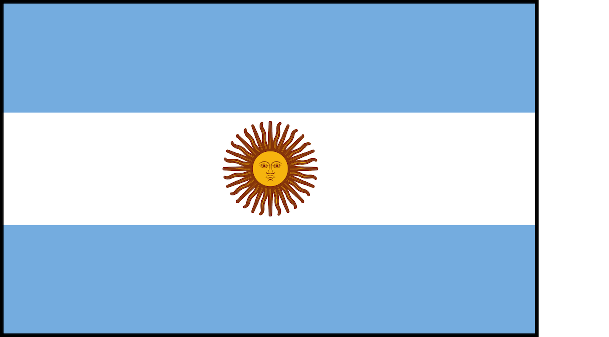 Flag of Argentina with three horizontal stripes: light blue, white, and light blue, featuring a yellow sun with a face (Sun of May) in the center of the white stripe.