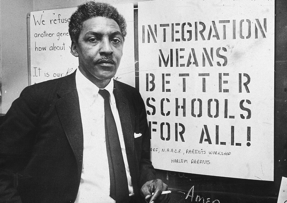 American civil rights activist Bayard Rustin at the Citywide Committee for Integration headquarters at Silcam Presbyterian Church.