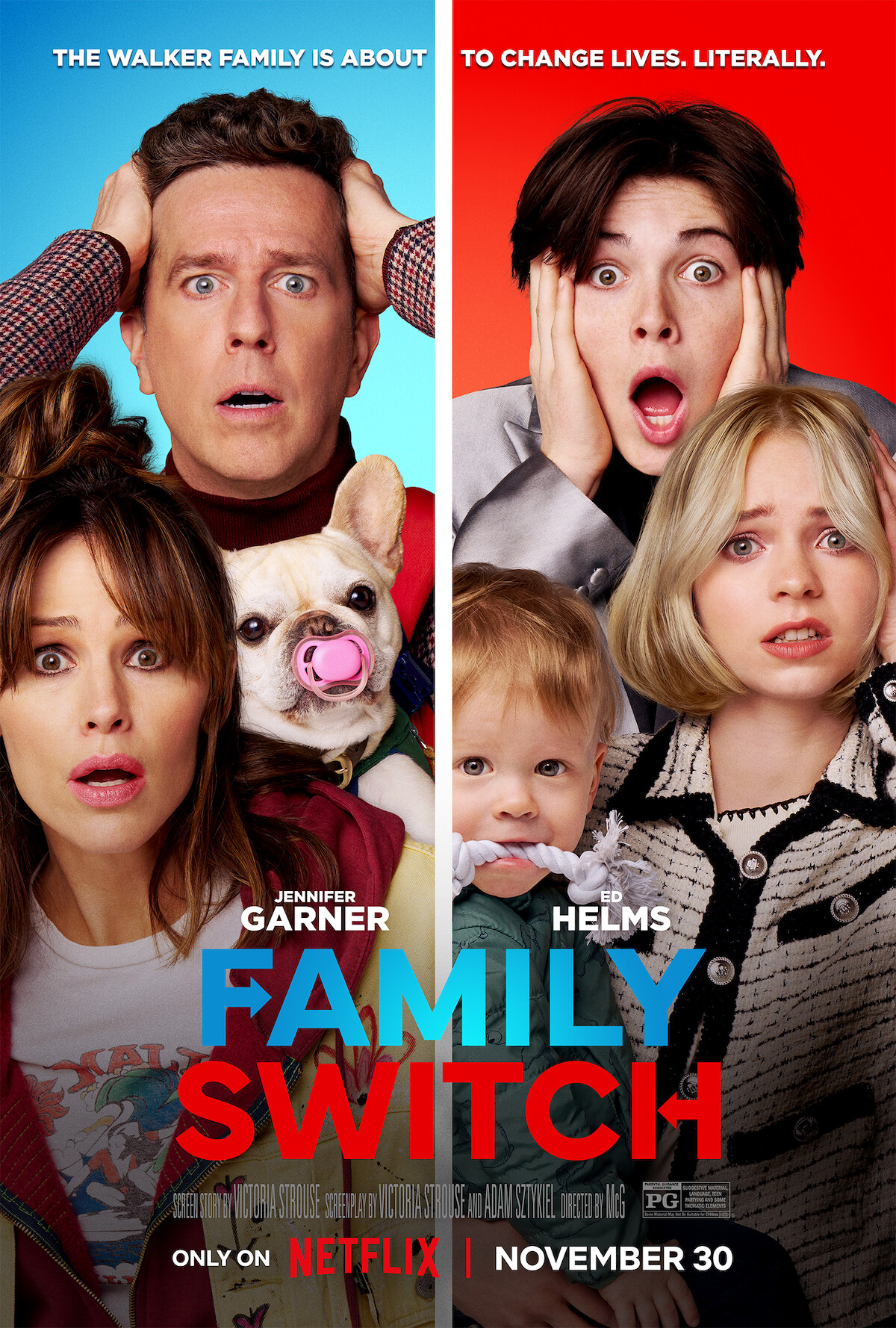 Ed Helms, Jennifer Garner, Brady Noon and Emma Myers in the poster for ‘Family Switch.’