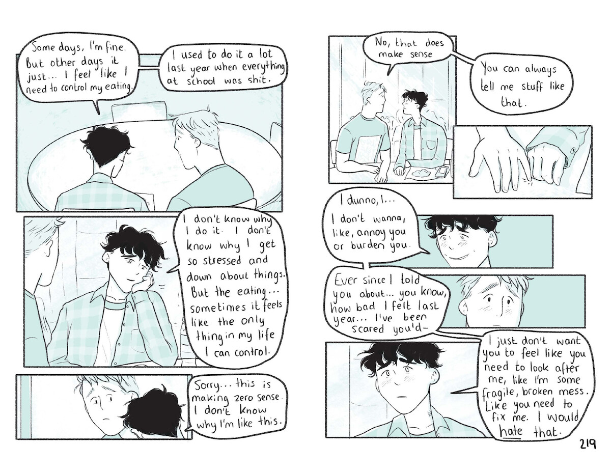 Excerpt from the graphic novel, Heartstopper, featuring Nick and Charlie.