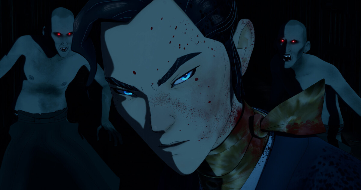 Samurai with blue eyes in foreground with monsters in background with red eyes.