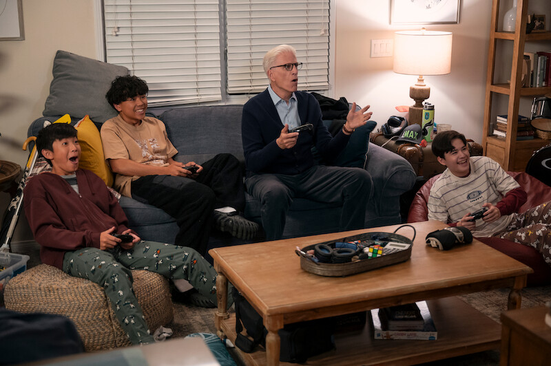 Wyatt Young as Wyatt, Deuce Basco as Jace, Ted Danson as Charles and Lincoln Lambert as Nico play video games together in Season 1 of 'A Man on the Inside'