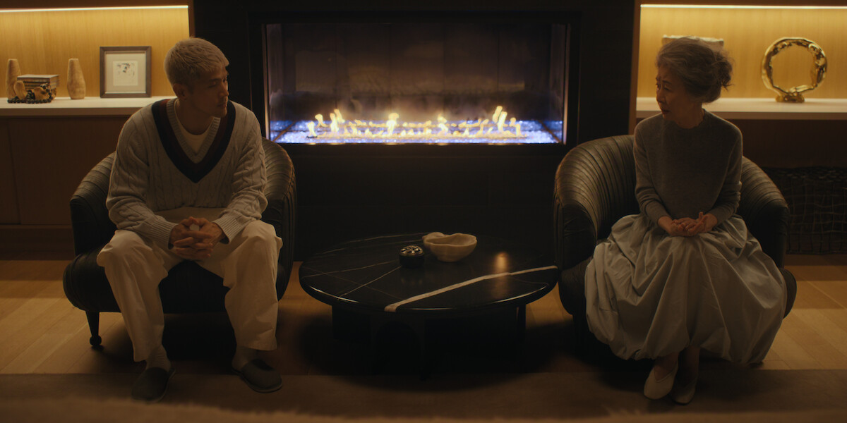 A young man and an elderly woman sit across from each other in a cozy, softly lit room with a modern fireplace, dark chairs, a wooden floor, and decorative objects on shelves behind them.