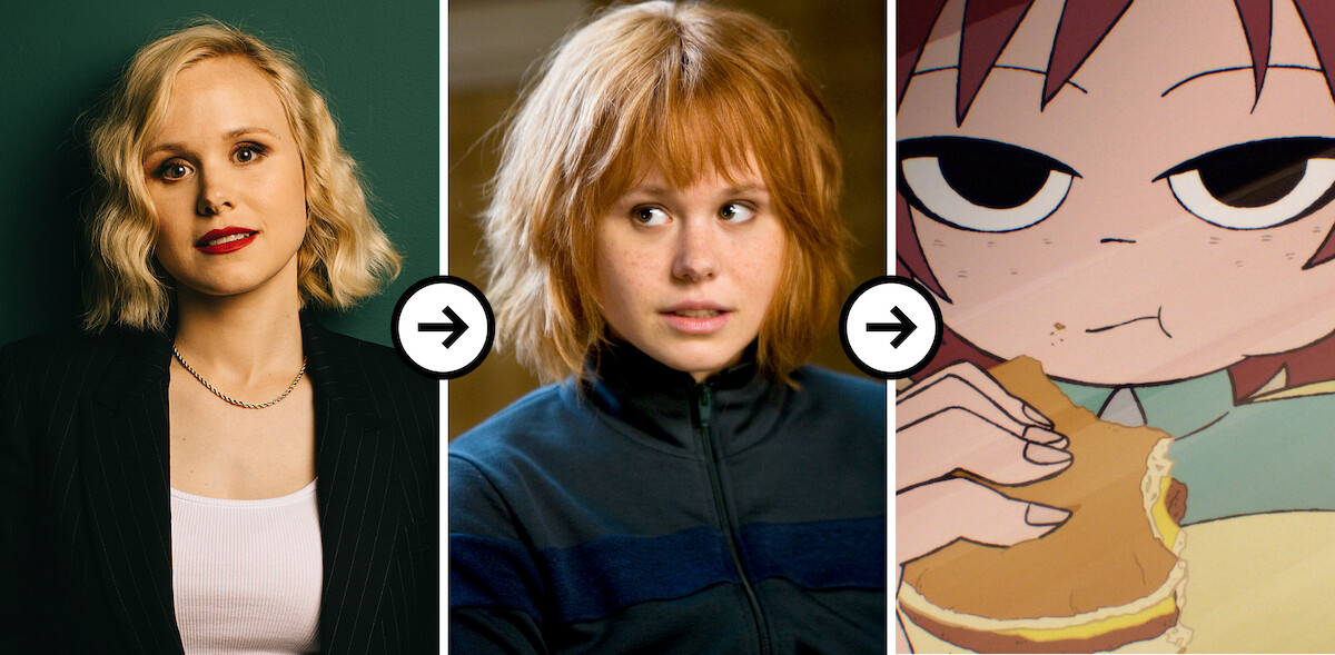 Triptych of images showing a headshot of Alison Pill, Alison Pill as Kim Pine in ‘Scott Pilgrim vs. The World,’ and Alison Pill as Kim Pine in ‘Scott Pilgrim Takes Off’